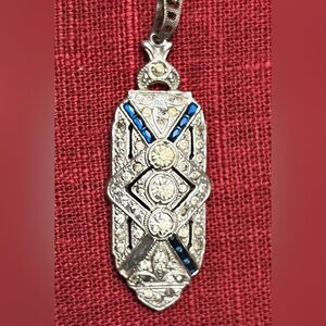 Vintage Art Deco Style Rhinestone & Sapphire Blue Geometric Pendant